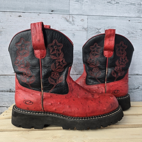 Roper Shoes - Roper Leather Ostrich Print Floral Red Black Western Boots Womens Size 7